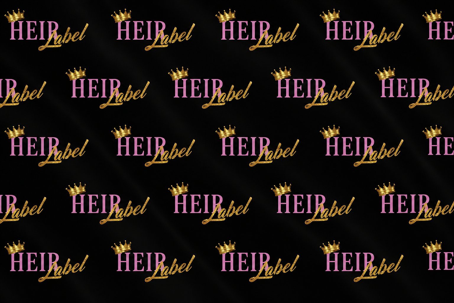 Repeating HEIRabel logo pattern with gold crowns and purple text on black background