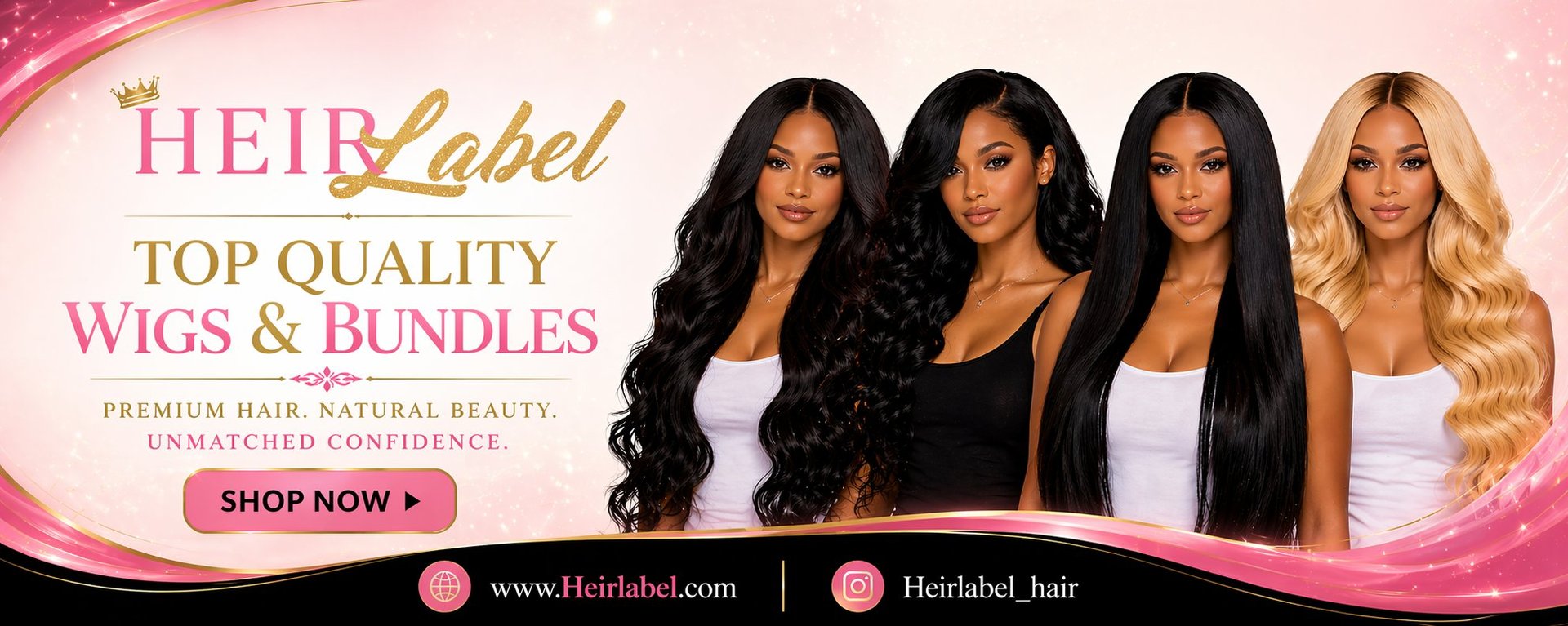 Heirlabel wigs and bundles advertisement featuring four women displaying various long hairstyles with Shop Now button