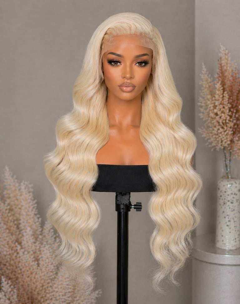 Mannequin head wearing long platinum blonde wavy wig on black stand with decorative dried flowers in background