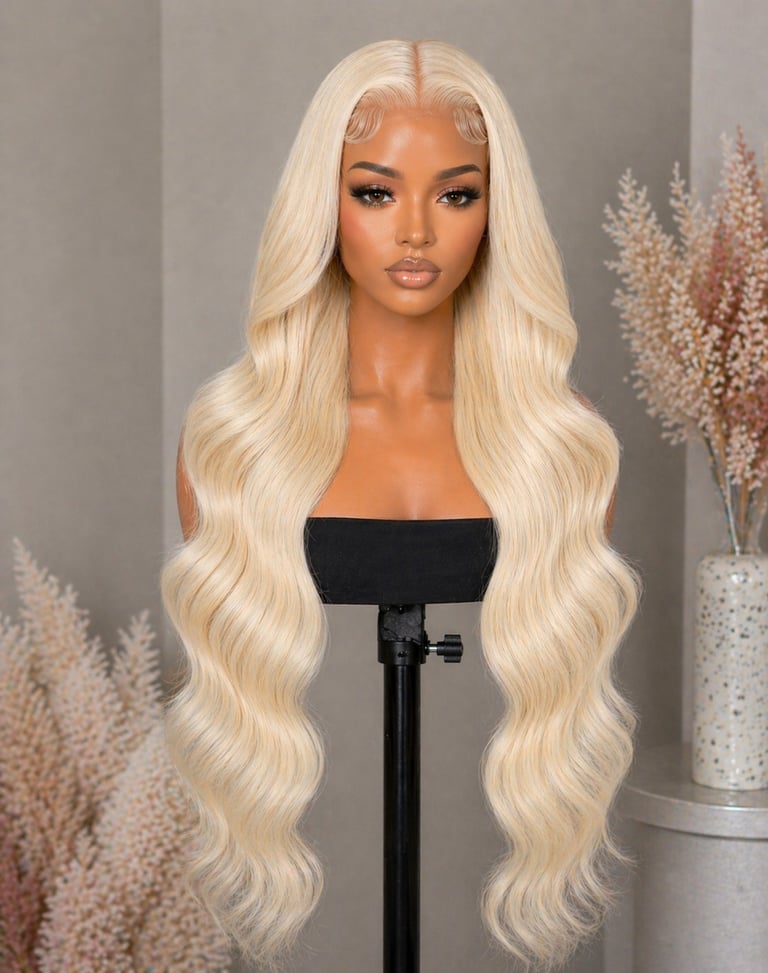 Mannequin head wearing long platinum blonde wavy hair wig on black stand with dried flowers in background