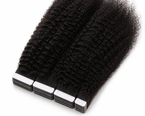 Black kinky straight hair extensions with white closure clips arranged in a row on white background