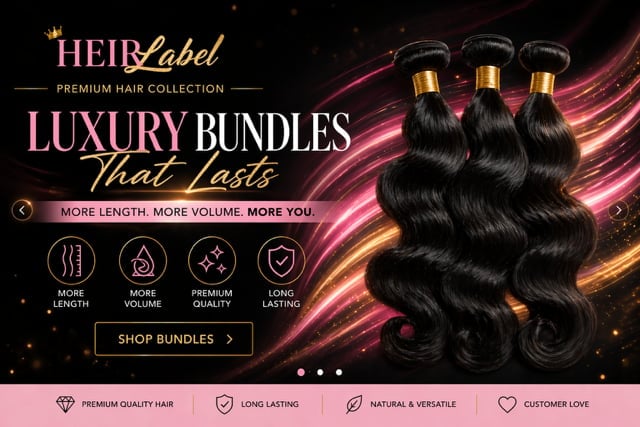HEIR Label premium hair collection banner featuring luxury bundles with flowing black hair against pink and gold neon background effects
