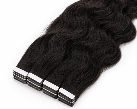 Four bundles of black wavy human hair extensions with white and black adhesive tape strips attached at the roots