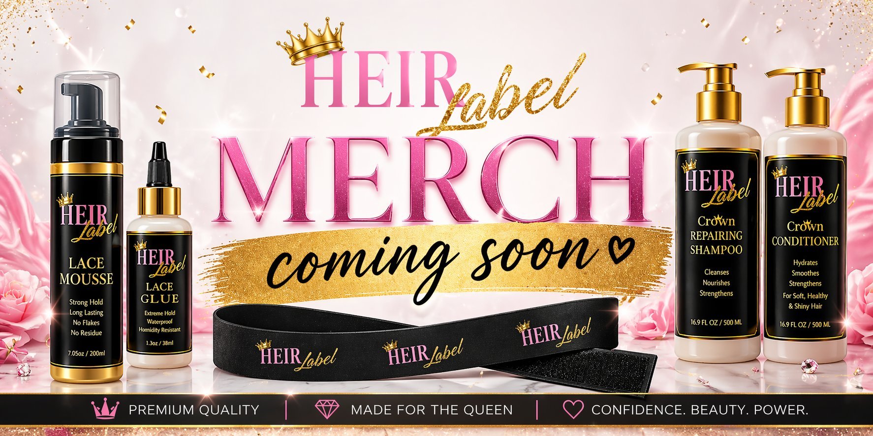 HEIR Labelled beauty product merchandise featuring spray bottles, serums, and branded ribbons with pink roses and gold accents, coming soon announcement