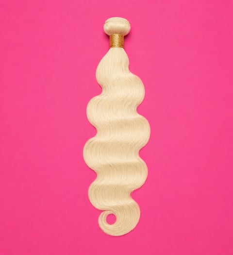 Blonde wavy hair extension bundle displayed against a bright pink background