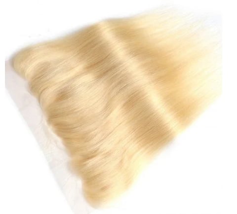 Blonde hair extension or hair swatch showing long, straight strands in light golden blonde color