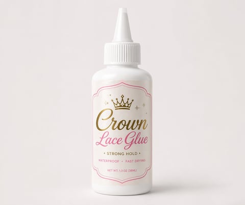 Bottle of Crown Lace Glue with white cap on neutral background, labeled strong hold waterproof fast drying