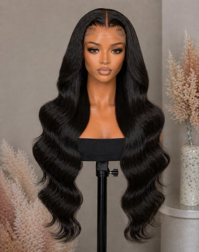 Long wavy black hair displayed on a mannequin head with dramatic makeup against a neutral backdrop with decorative dried flowers