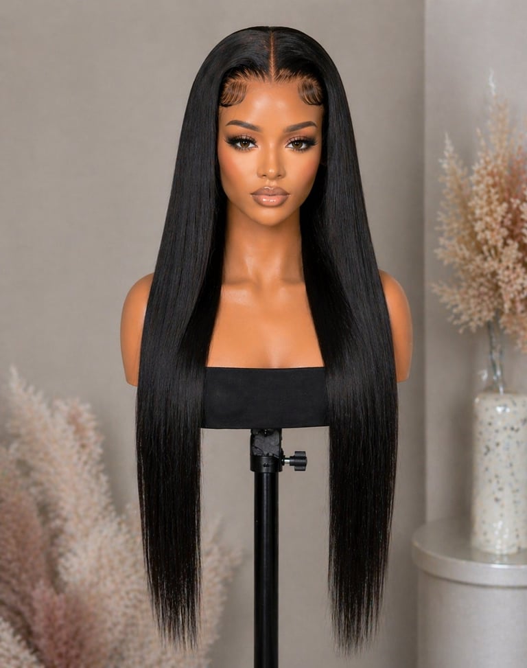 Long black straight synthetic wig on display mannequin head with decorative pampas grass in background