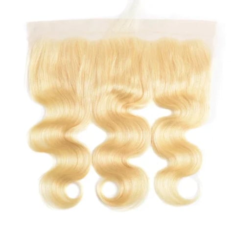 Blonde lace frontal hair extension with wavy body texture on transparent base