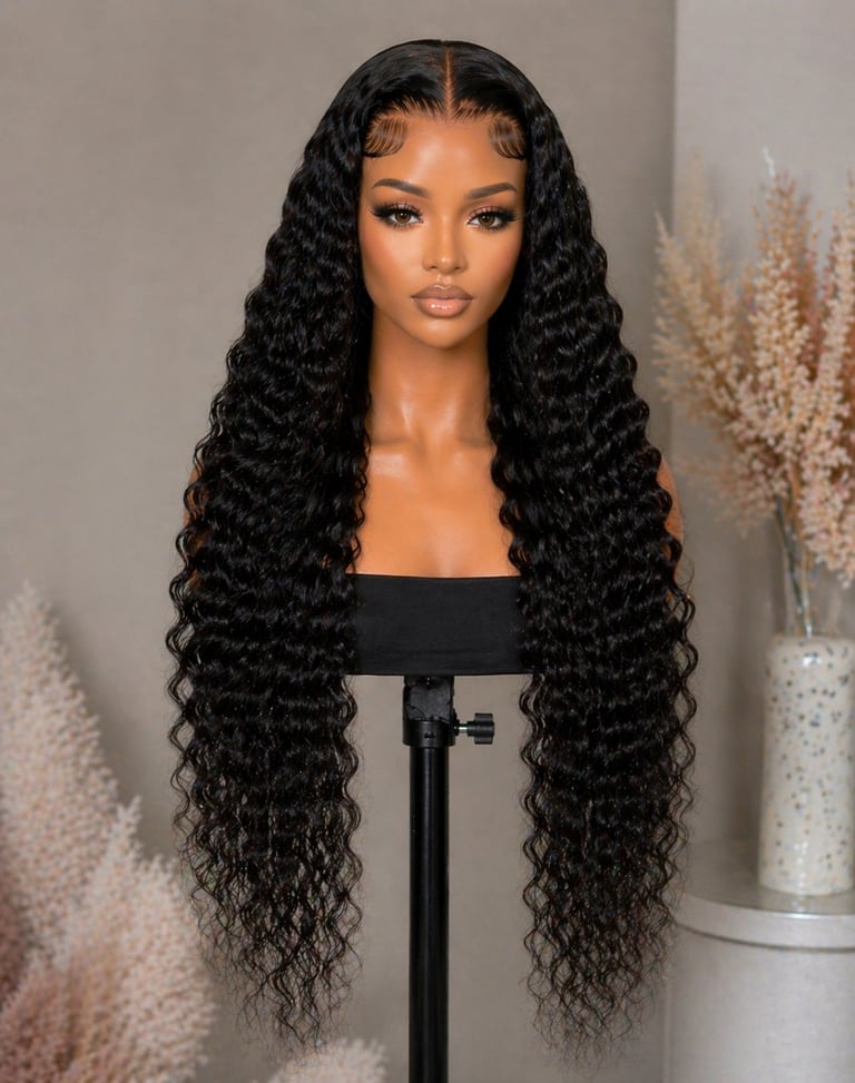 Long black curly wig on mannequin head with makeup displayed against neutral backdrop with pampas grass decoration