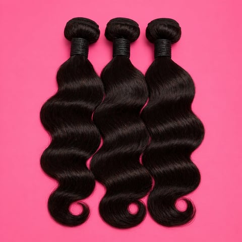 Three bundles of black wavy hair extensions arranged vertically on a bright pink background