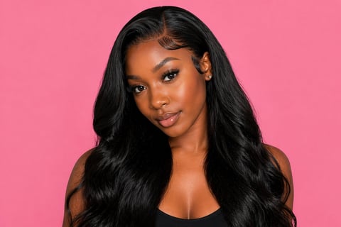 Portrait of a woman with long black wavy hair and glowing makeup against a bright pink background