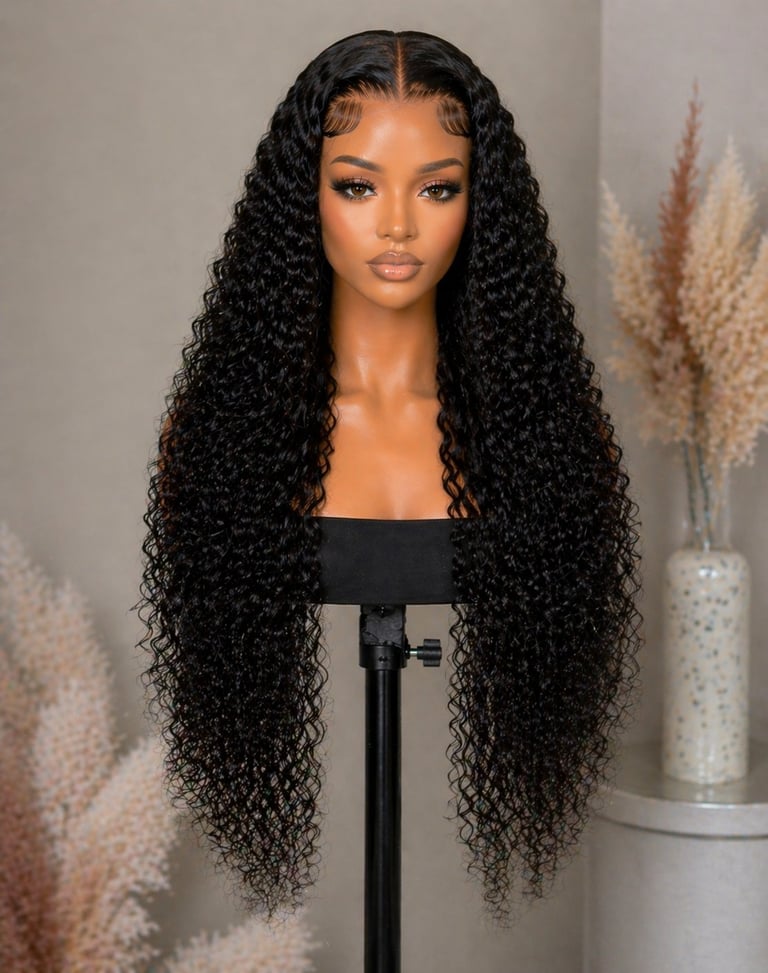 Mannequin head displaying long, curly black hair wig on stand with dried pampas grass in background