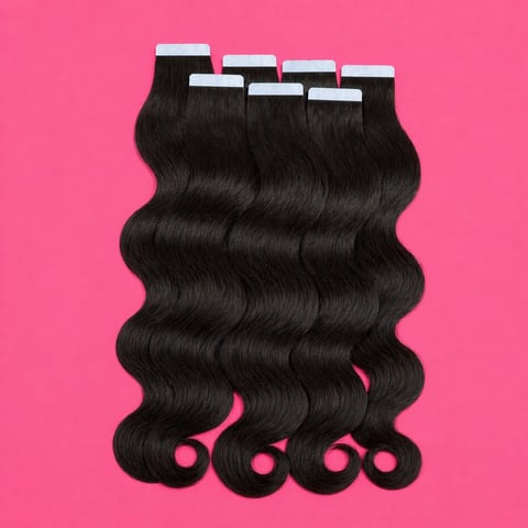Multiple black wavy hair extensions with white tape-in adhesive strips arranged vertically on a bright pink background