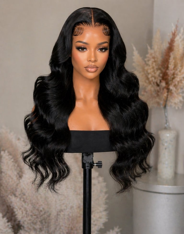 Long black wavy wig on a mannequin head against a neutral background with dried flowers
