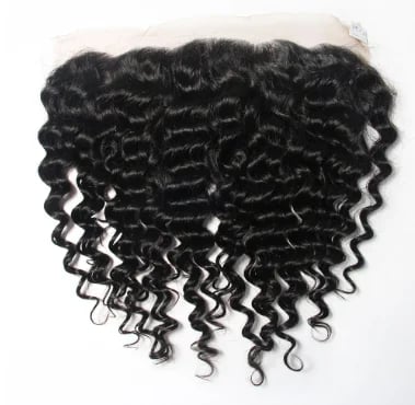 Black curly hair extension lace frontal with wavy texture on white background