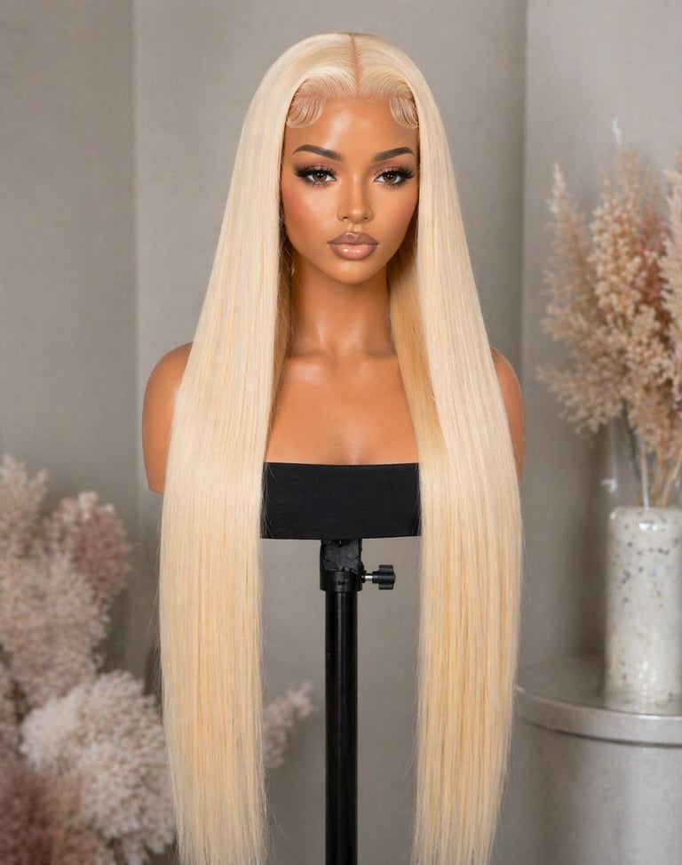 Mannequin head displaying long platinum blonde straight wig on stand with dried pampas grass decor in background