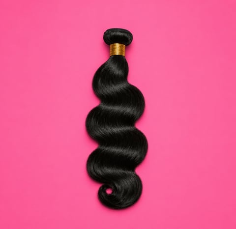 Black wavy hair extension bundle with gold ferrule on bright pink background
