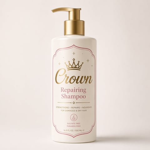 Crown Repairing Shampoo bottle with gold pump dispenser on cream background