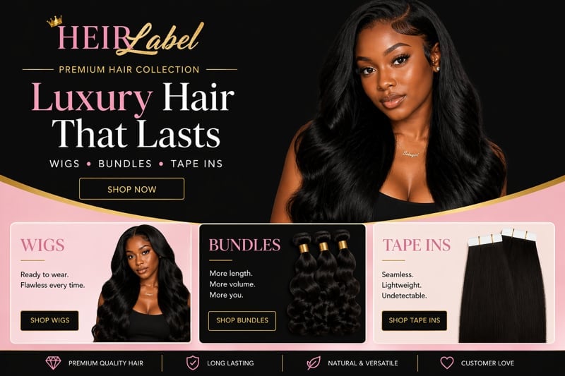 HEIR Label premium hair collection advertisement featuring woman with long black hair, showcasing wigs, bundles, and tape-ins products