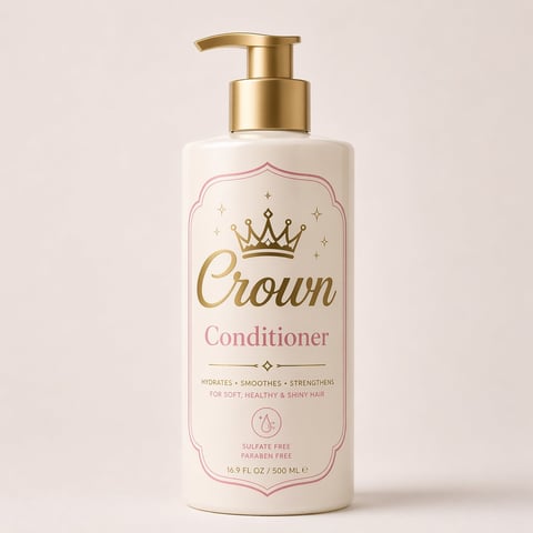 Crown Conditioner bottle with gold pump dispenser on beige background. Product for soft, healthy and shiny hair.